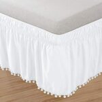 Elegant Comfort Top-Knot Tassle Pompom Fringe Ruffle Skirt Around Style Elastic Bed Wrap- Wrinkle Resistant 16 inch Drop, Queen/King, White
