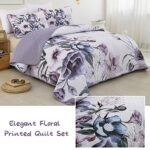 Drucon Floral Quilt Set Queen 3 Pieces Boho Purple Quilt Coverlet Set Soft Microfiber Lightweight Purple Floral Quilted Bedspread for All Season 90″x96″