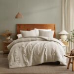 Queen Size Comforter Set Beige- 3 Piece Soft Cream Seersucker Bedding Comforter Sets with 2 Pillow Shams, Tan Lightweight Fluffy Down Alternative Comforter Set for All Season, 90×90 Inches