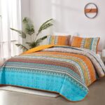 WONGS BEDDING Orange Quilt Set King Size, Stripe Boho 3 Pieces Quilts Bedspread Set Bohemian Lightweight Microfiber All Season Bedding Coverlet Set for King Bed (104″x90″)