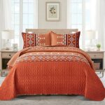 Boho Quilt Set California King,3 PCS Burnt Orange/Rust Quilt Bedspread Lightweight Geometry Printed Coverlet Set with 2 Pillowcase,Soft Bohemian Bedding Set 106″×96″