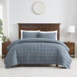 ROARINGWILD Seersucker Blue Oversized California King Size Quilt Set with 2 Pillow Shams, Striped Textured Soft Microfiber Lightweight Bedding Bedspread Coverlet for All Season