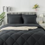 SameBed Queen Size Comforter Set, 7 Pieces Bed in a Bag, Bedding Sets with All Season Soft Quilted Lightweight Comforter, Flat Sheet, Fitted Sheet, 2 Pillow Shams, 2 Pillowcases, Dark Grey