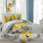 California King Comforter Set Yellow Floral Pattern Printed On Grey Cal King Bedding Set Soft Microfiber Boho Bed Comforter Set for All Season, 3 Pieces (1 Comforter, 2 Pillowcases)