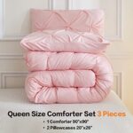 Andency Pink Comforter Set Queen(90x90Inch), 3 Pieces Soft Lightweight Cute Pinch Pleat Comforter Set for Queen Bed, All Season Western Warm Bed Set for Girls Women