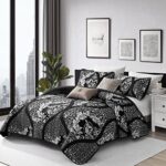 Black Quilt Set King Size, Boho Damask Bedspread Coverlet Set Soft Lightweight Microfiber Bedding Set 3 Pieces for All Season (104″x90″)