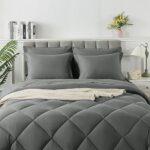 SameBed Queen Size Comforter Set, 7 Pieces Bed in a Bag, Bedding Sets with All Season Soft Quilted Lightweight Comforter, Flat Sheet, Fitted Sheet, 2 Pillow Shams, 2 Pillowcases, Light Grey