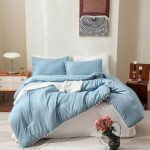 Bedbay Teal Comforter Set Queen Size Blue Comforter 3 Pcs Boho Aesthetic Bedding Set Cute Pom Pom Fringed Grayish Teal Comforter Set Soft Lightweight Comforter Bed Set(Grayish Teal,Queen)