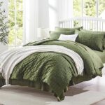 Zzlpp Full Comforter Set 7 Pieces, Olive Green Seersucker Bed in a Bag with Comforter and Sheets, All Season Bedding Sets with 1 Comforter, 2 Pillow Shams, 2 Pillowcases, 1 Flat Sheet, 1 Fitted Sheet