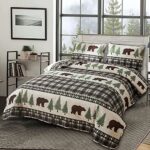 Quilt Set King Size Rustic Bedding Lodge Bed Quilts King Plaid Quilt Bed Spread Country Cabin Brown Bear King Quilt Bedding Lightweight Reversible Quilts Home Bedspread Coverlet with 2 Pillow Shams